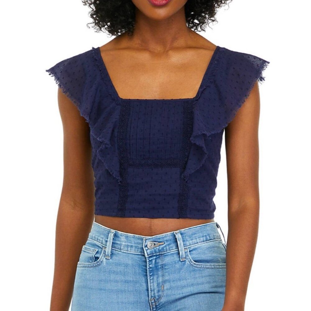 NWT Flutter Sleeve Cropped Top Women's Small Smocked Boho Peasant Blue Ruffle